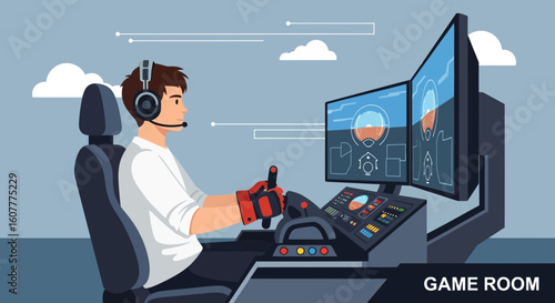Immersive Simulation Experience Man With Headset Enjoying A Flight Or Racing Simulator