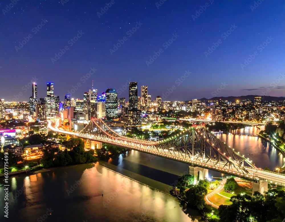 Fototapeta premium City skyline at night, illuminated bridge over river