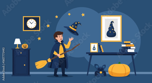 Halloween Night Young Wizard Practicing Magic With Hat In Interior Scene