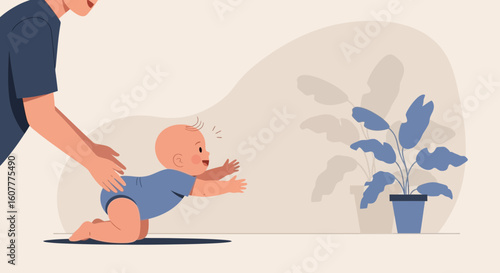 Infant Crawling Under Parental Supervision Reaching Towards A Indoor Plant