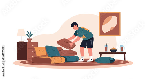 Man Arranging Pillows on Sofa in Living Room For Cozy Home Concept