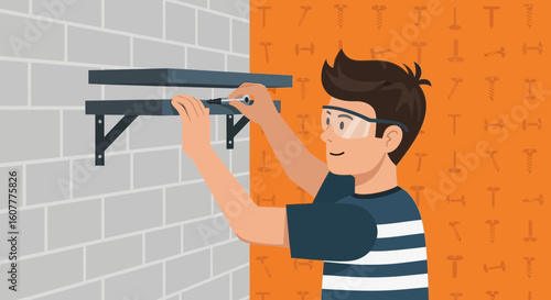 Handyman Assembling Shelves on Brick Wall With Screwdriver For Home Improvement Project