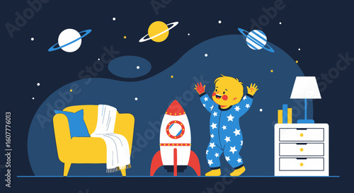 Happy Baby Boy Exploring Space Dream In His Room At Night Illustration