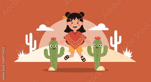 Happy Adventure In The Desert Landscape With A Little Girl And Cactuses
