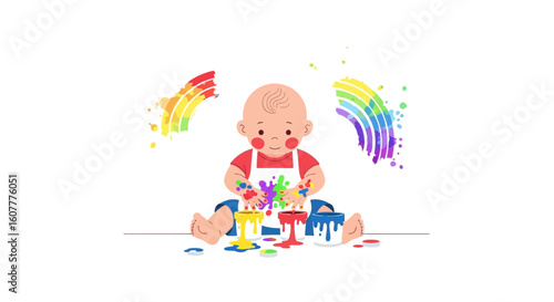 Happy Baby Creating Colorful Mess with Paint and Rainbows in Studio