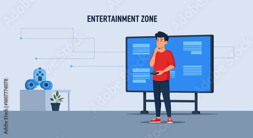 Man Choosing Digital Content Entertainment Options With Futuristic Tv Setup