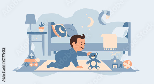 Inquisitive Infant Exploring His Room And Grasping A Stuffed Toy Under Moonlight