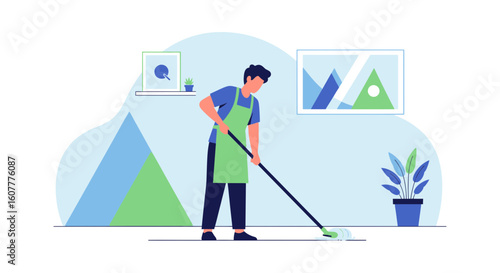 Man Cleaning Floor In Room Illustration For Home Cleaning Business