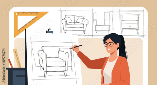 Interior Designer Sketches Furniture Blueprints For New Home Decorating Project