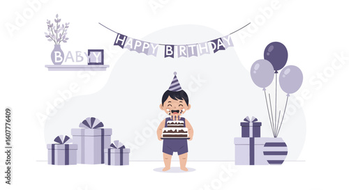 Happy Birthday Celebration With a Little Boy Holding Cake and Birthday Gifts