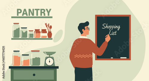 Man Creates Grocery List In Pantry Before Shopping And Stocking Food Items