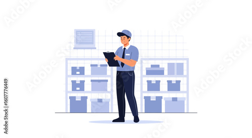 Inventory Clerk Inspecting Stock Items In Warehouse With Racks And Boxes