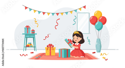 Happy Birthday Celebration With Cheerful Girl Opening Gifts And Colorful Balloons