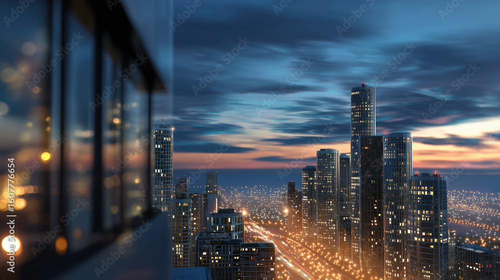 Obraz premium A stunning night cityscape with illuminated skyscrapers and busy traffic below.
