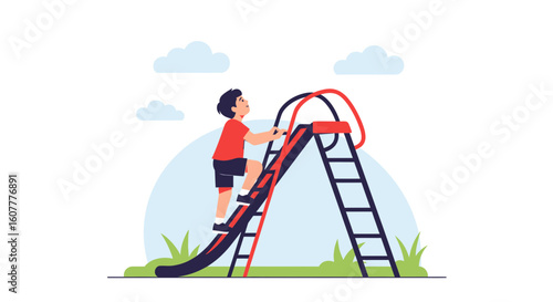 Joyful Ascent Little Boy Climbs Playground Slide on a Sunny Day Outdoors