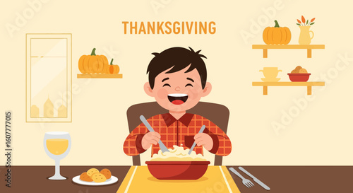 Happy Boy Enjoys Delicious Mashed Potatoes During Festive Thanksgiving Dinner Celebration