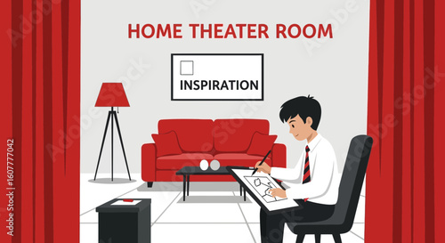 Man Designing A Personal Home Cinema Room On His Tablet In The Living Room