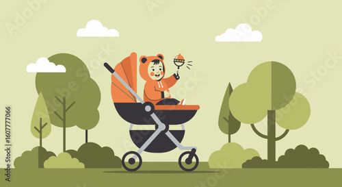 Joyful Baby In A Stroller Enjoying A Sunny Day At The Park