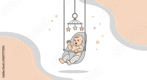 Joyful Baby In Bouncer Chair Adorned With Star Mobile And Gentle Backgrounds