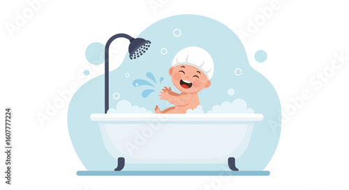 Joyful Baby Shower Time Illustration In Bathtub Vector Cartoon Concept