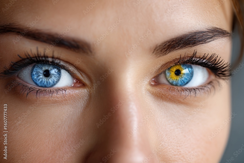 Obraz premium Close-up highlighting facial details with the primary focus directed to the subject's distinctive eyes; heterochromia evident, showcasing a contrast in different colored eyes