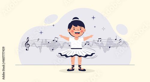 Joyful Ballerina In Elegant Tutu Dancing Gracefully With Music Notes Behind Her
