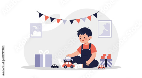 Happy Boy With Toy Cars Celebrating Birthday in the Living Room