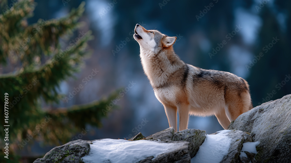 Fototapeta premium A lone wolf stands tall on a rock and lets out a howl in the cold.