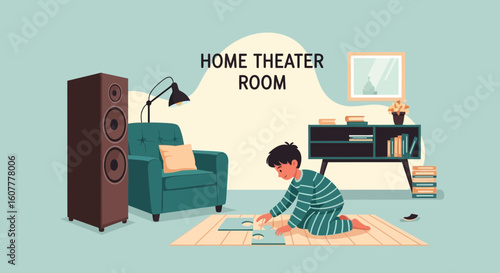 Joyful Boy Completing A Jigsaw Puzzle In Cozy Home Theater Room
