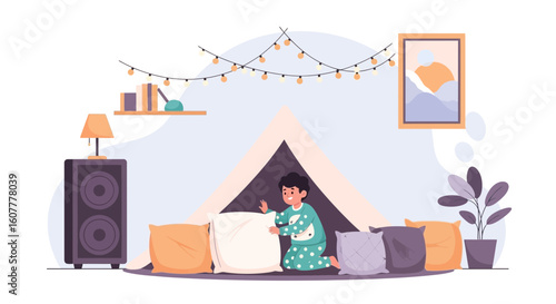 Joyful Boy Enjoys Pillow Fight Inside A Homemade Cozy Tent At Home