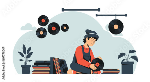 Man Enjoys His Vinyl Collection At Home A Nostalgic Musical Experience