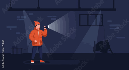 Man Exploring Dark Basement With Flashlight Looking For Lost Objects