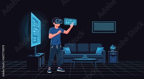 Man Experiencing Virtual Reality In Futuristic Home Environment With Digital Interface