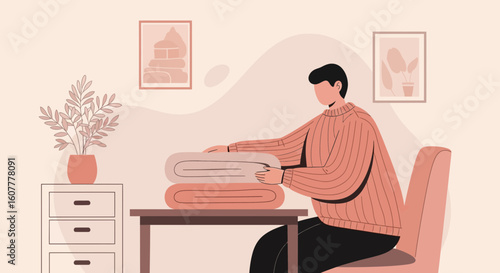 Man Folds Linens In A Cozy Room With Decorative Accents And Soft Lighting