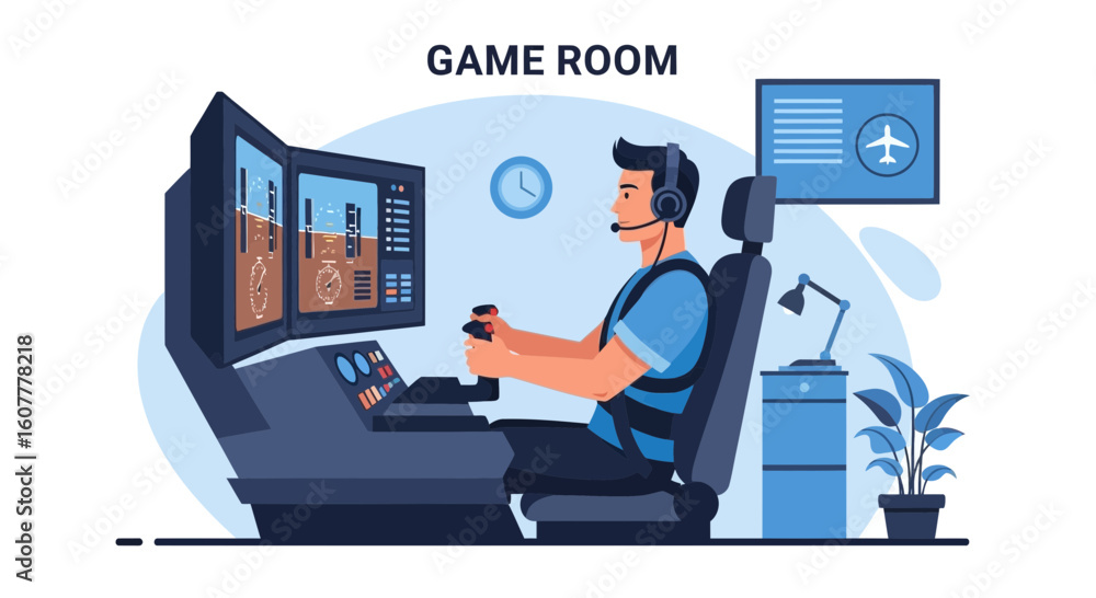 Man Immersed in Virtual Flight Simulation Experience from Home Environment Man Immersed in Virtual Flight Simulation Experience from Home Environment