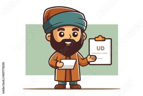 Friendly cartoon muslim man wearing a traditional kufi and suit holding a tablet computer