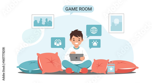 Joyful Boy Plays Games on Tablet in Cozy Room Cartoon Illustration