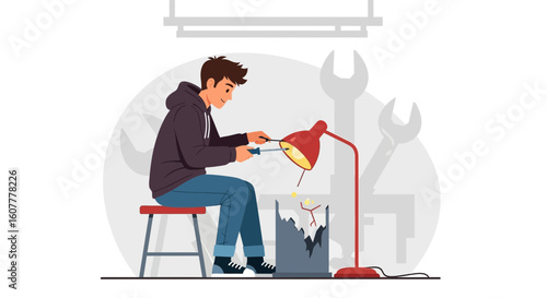 Man In Garage Fixing Lamp With Screwdriver Creative Home Repair Concept