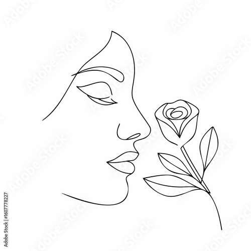 Woman smelling rose line art profile