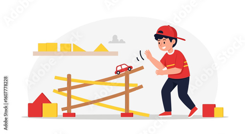 Joyful Boy Plays With Toy Car On Homemade Obstacle Course At Home