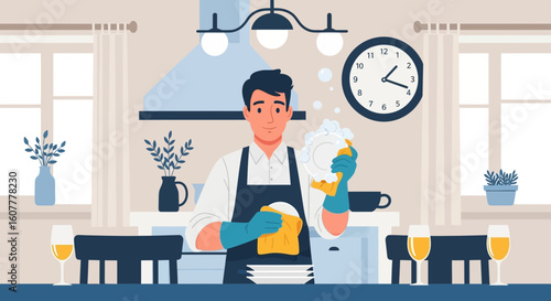 Man In Apron Is Washing Dishes At Home Or Restaurant Kitchen