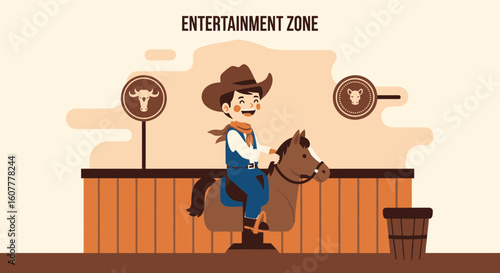 Happy Cowboy Rides Mechanical Horse At Entertainment Zone Amusement Park Fun