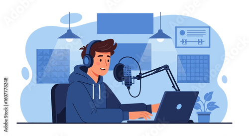 Man In Home Studio Recording Podcast Or Music Wearing Headphones