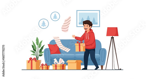 Joyful Boy Unboxing Presents at Home During Winter Season Celebration