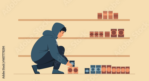 Man In Hoodie Stacking Canned Goods For Emergency Preparedness On Shelves