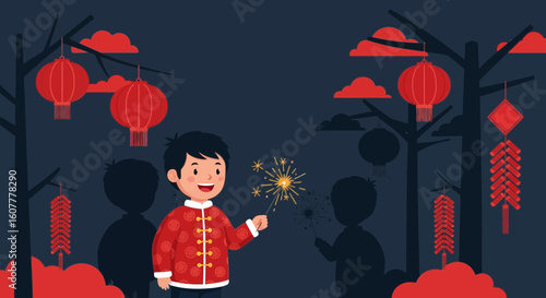 Happy Chinese New Year With Lanterns And Sparklers Celebrations