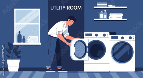 Man In Utility Room Loading Washing Machine For Laundry Tasks Process