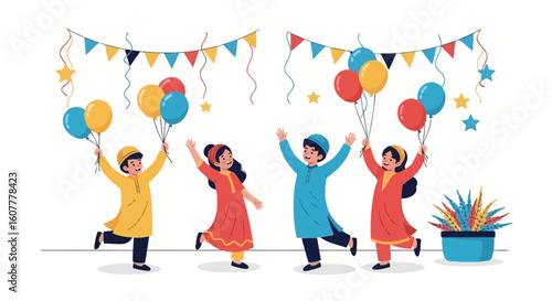 Joyful Celebration: Children Enjoying Festive Occasion with Balloons and Decorations