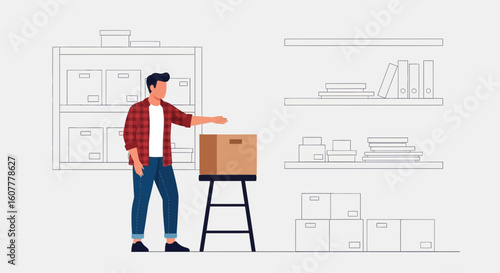 Man Inspecting Package Placed On Stool In A Warehouse Or Storage Room