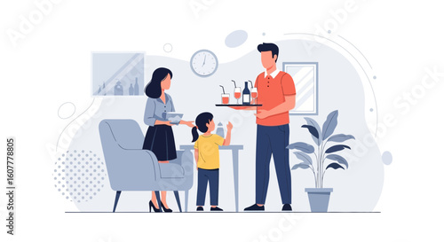 Happy Family Spending Time Together At Home And Enjoying Drinks